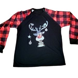 Boutique Black with red checkered lomg sleeves silly Reindeer T shirt